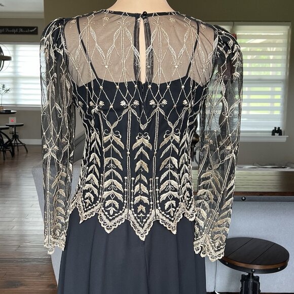 Vtg Cachet by Bari Protas Black Evening Gown Size 11/12 Gold Embroidered Sheer - Picture 8 of 16